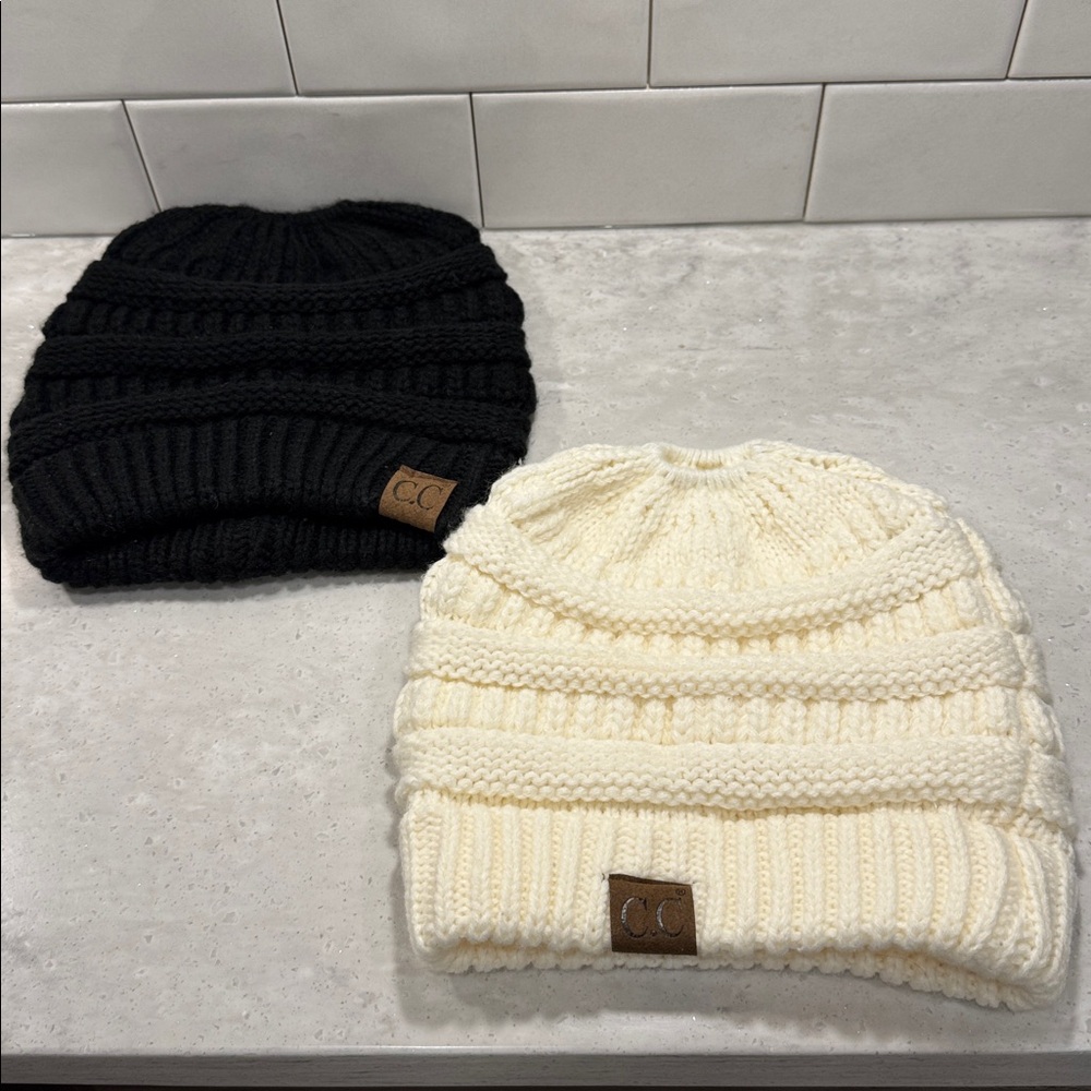Set of 2 C.C Messy Bun / Ponytail Beanies - Black & Cream Neutral Bundle